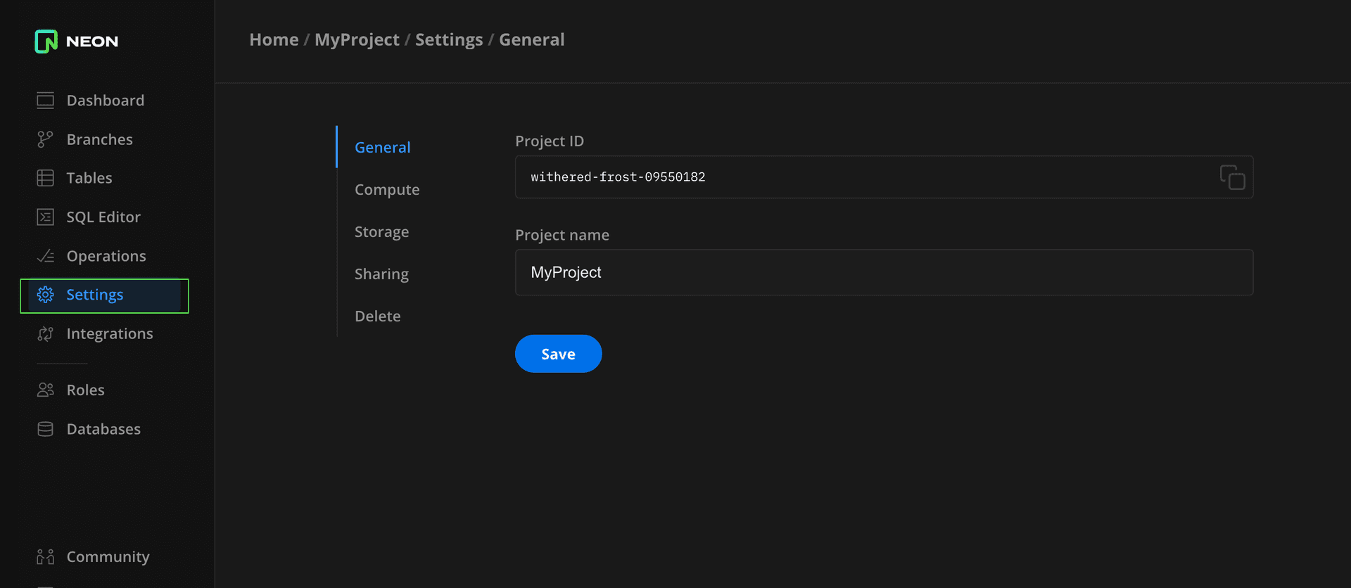 Project Settings page