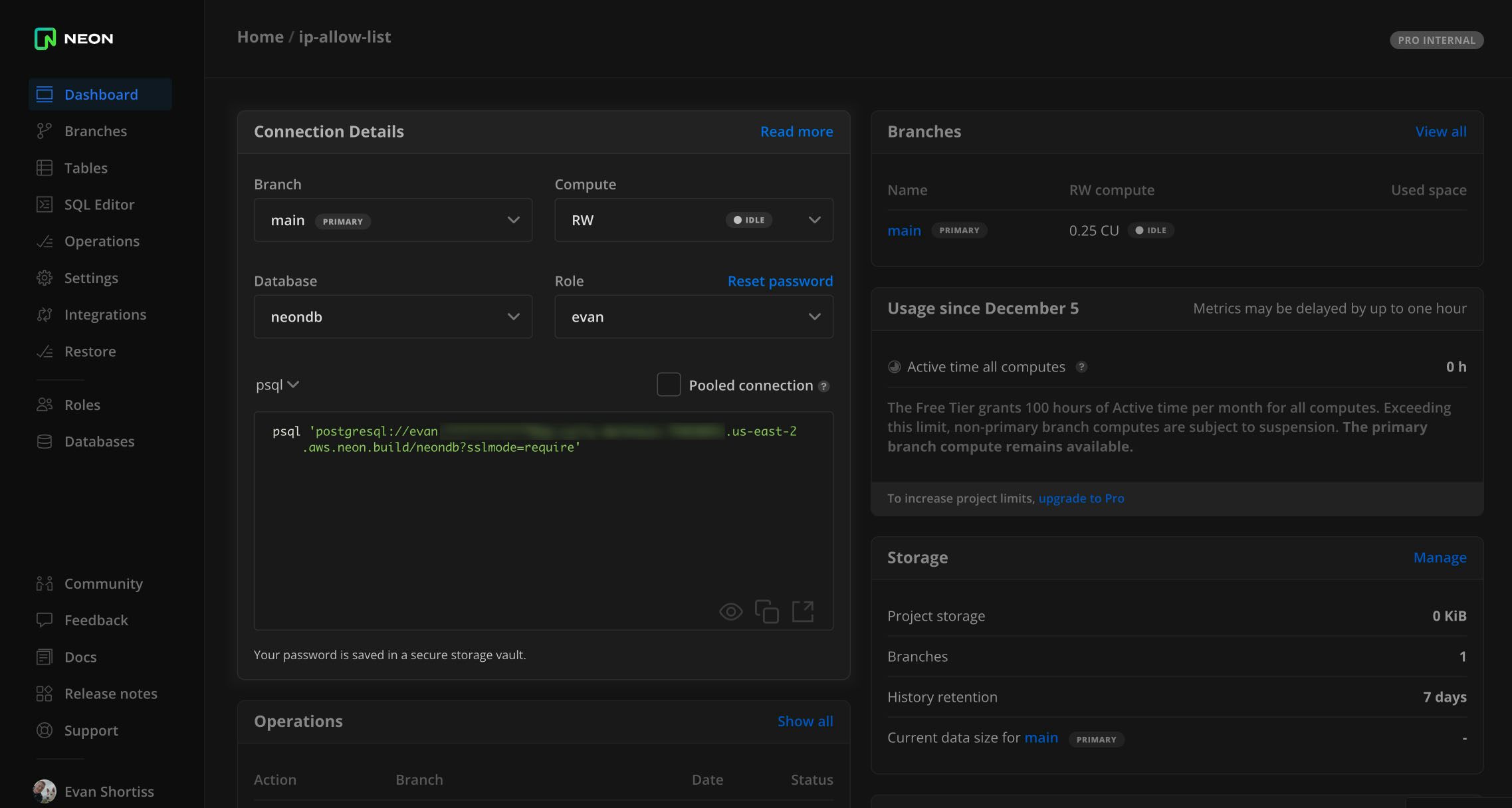 The Neon project dashboard showing a database connection string.