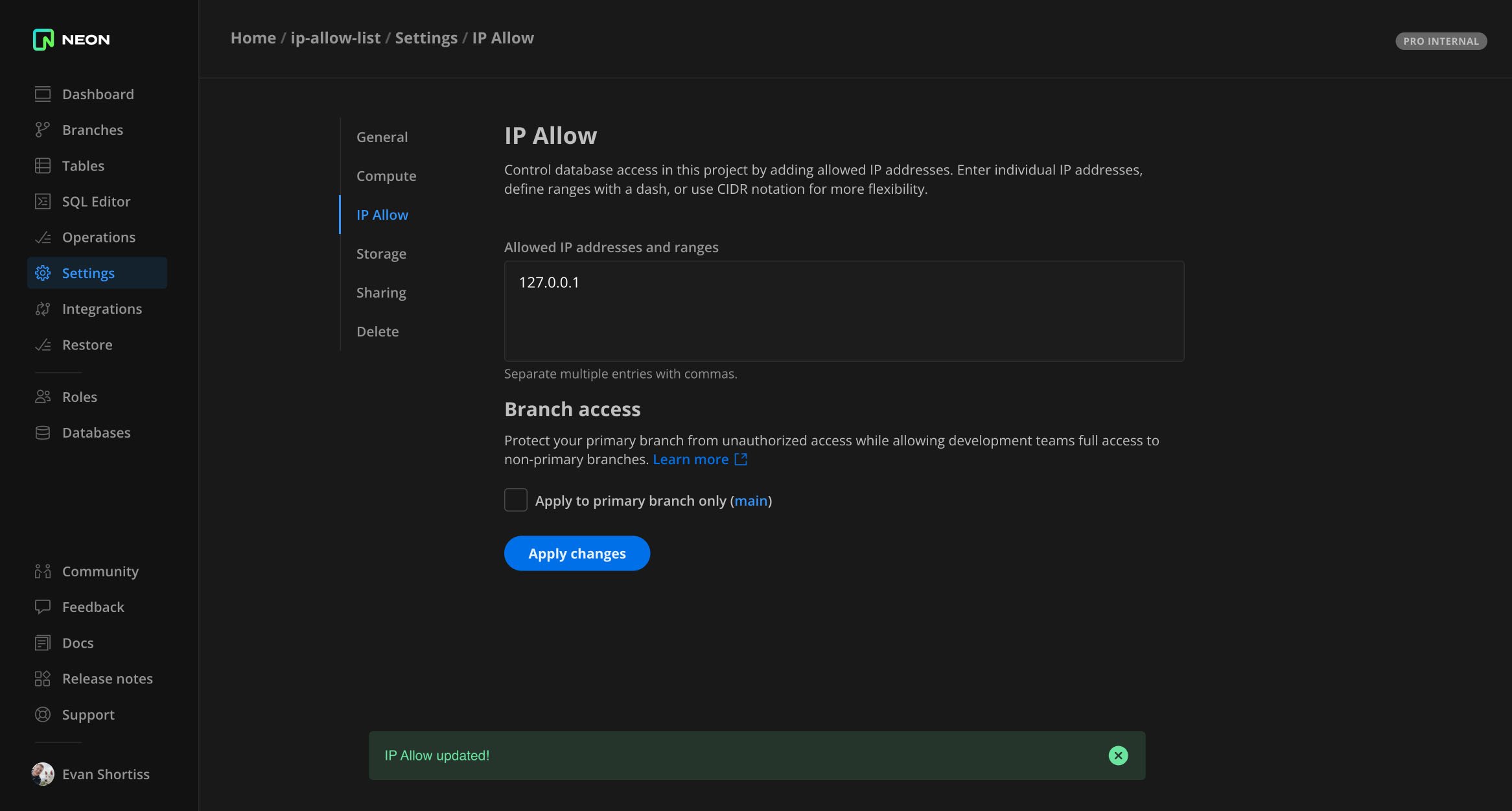 The Settings screen for a project in the Neon console.