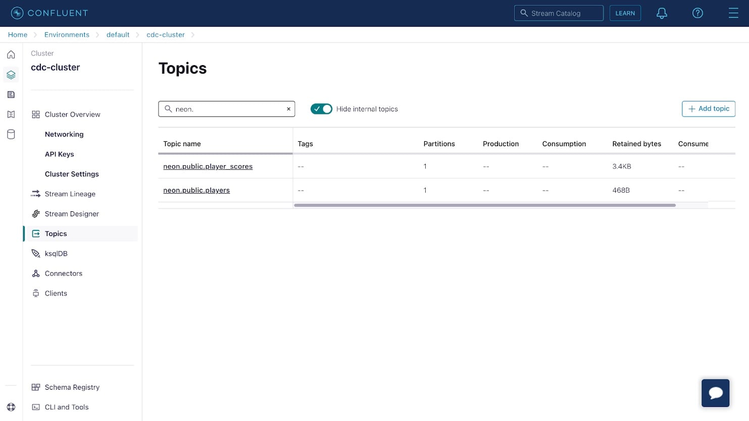 Apache Kafka topics listed in Confluent Cloud dashboard.